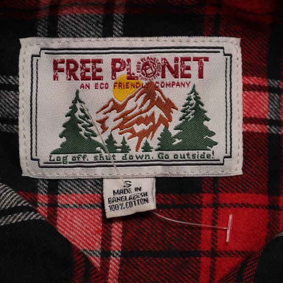 Free Planet Red White Blue Plaid Flannel Button Down Shirt Men's Size S - Picture 7 of 10